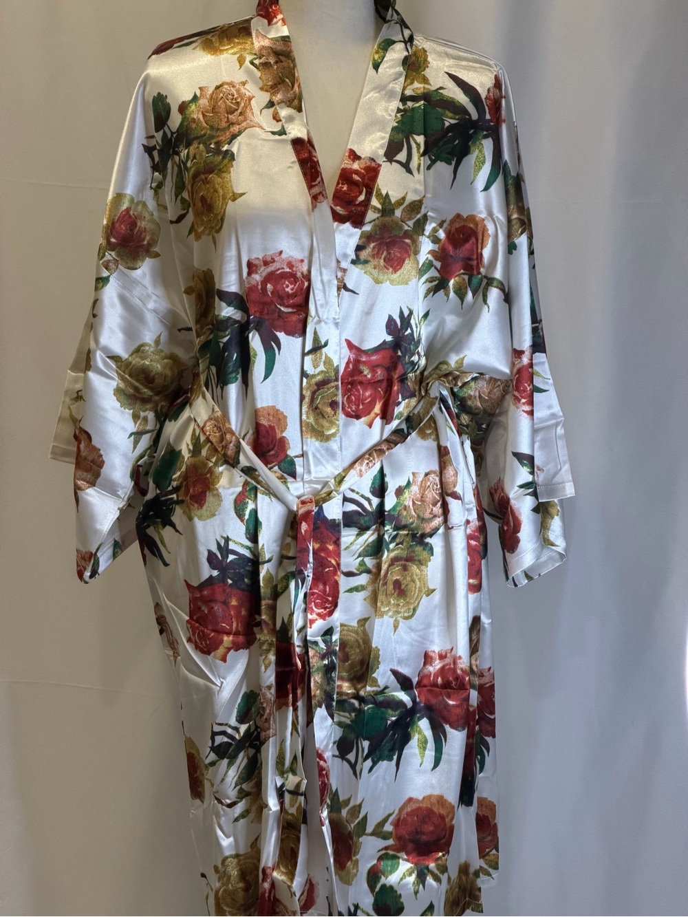 Floral Satin Robe Dress in White with Red & Gold Roses